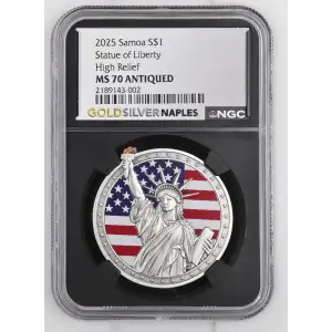 2025 1oz Samoa S$1 Statue of Liberty High Relief MS70 ANTIQUED (D-8)