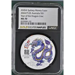2024 1oz P125 Australia S$1 Year of the Dragon Dragon Lilac MS70 (S13A-B1)