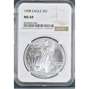 1998 - 1oz Silver Eagle S$1 NGC MS 69 (D10-B9)