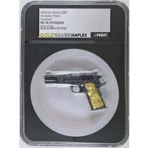 2024 2oz Chad S10KF 45 Caliber Pistol Colorized MS70 ANTIQUED