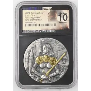 2024 - 2oz Silver Joan of Arc - Niue S$5 - NGCX Gilt HR ANTIQUED MS10 (D11-B9)