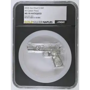 2024 2oz Chad 45 Caliber Pistol S10KF MS 70 ANTIQUED