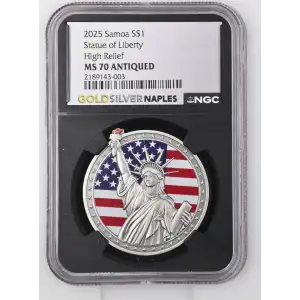 2025 1oz Samoa S$1 Statue of Liberty High Relief MS70 ANTIQUED (D-8)