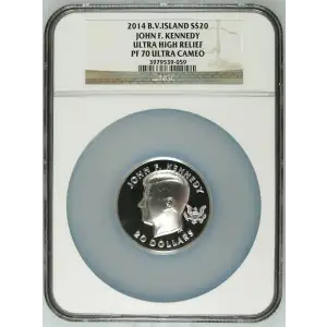 2014 4oz B.V. Island S$20 John F. Kennedy Ultra High Relief PF70 UC (D-7)