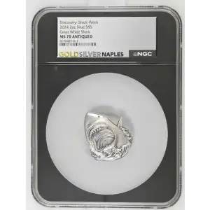 Discovery: Shark Week 2024 2oz Niue S$5 Great White Shark MS70 ANTIQUED (D-3)