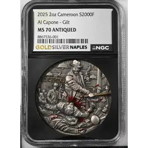 2025 - 2oz Al Capone ~ Gilt Silver Coin - Cameroon S2000F - NGC MS70 (D-7)