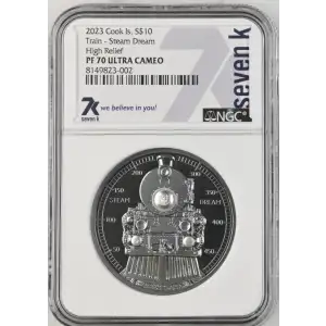 2023 2oz Cook Islands S$10 Train Steam Dream High Relief NGC PF70 UC (S19A-B30)