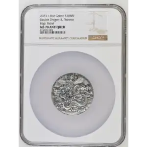 2023 1.8oz Gabon S1888F Double Dragon and Phoenix High Relief MS70 Antiqued (OB-144)