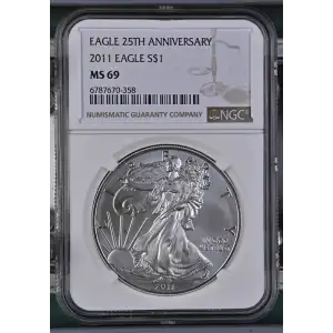 2011 - 1oz Silver Eagle 25th Anniversary S$1 NGC MS69 (D10-B9)