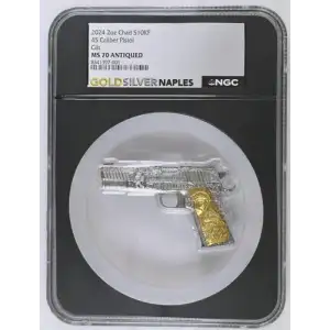 2024 2oz Chad 45 Caliber Pistol Gilt S10KF MS 70 ANTIQUED