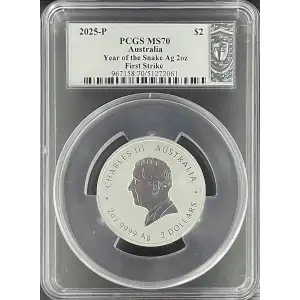 2025(P) PCGS MS70 S$2 Australia Year of the Snake 2oz Silver First Strike (D-8)
