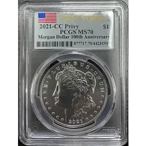 2021(CC) Privy - 0.77oz Morgan Silver Dollar - 100th Anniv. PCGS MS70 (S12B-B12)