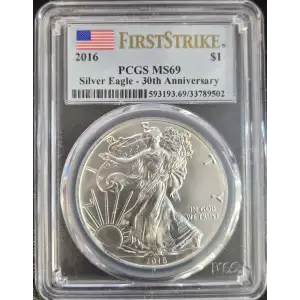 2016 - 1oz Silver Eagle S$1 PCGS MS69 30th Anniversary(D11-B21) (2)