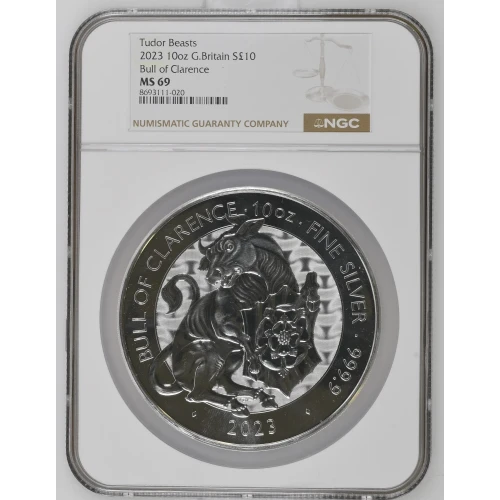 Tudor Beasts - 2023 10oz G. Britain S10PNDS - Bull Of Clarence - NGC MS69 (D-7)