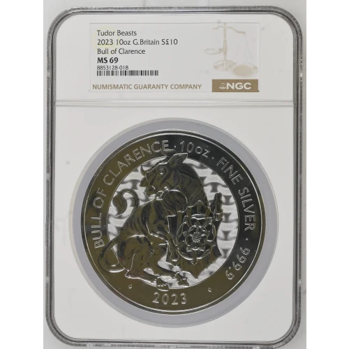 Tudor Beasts - 2023 10oz G. Britain S10PNDS - Bull Of Clarence - NGC MS69 (D-7)